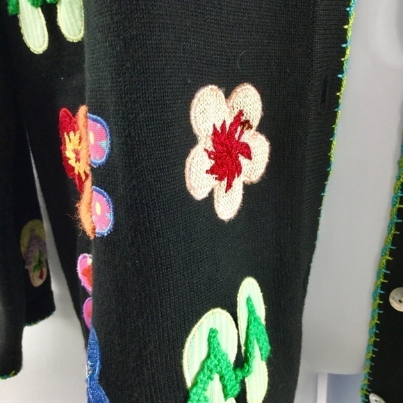 SWEATER sweater brand flip flops & tropical flowers black button front cardigan - Picture 6 of 12
